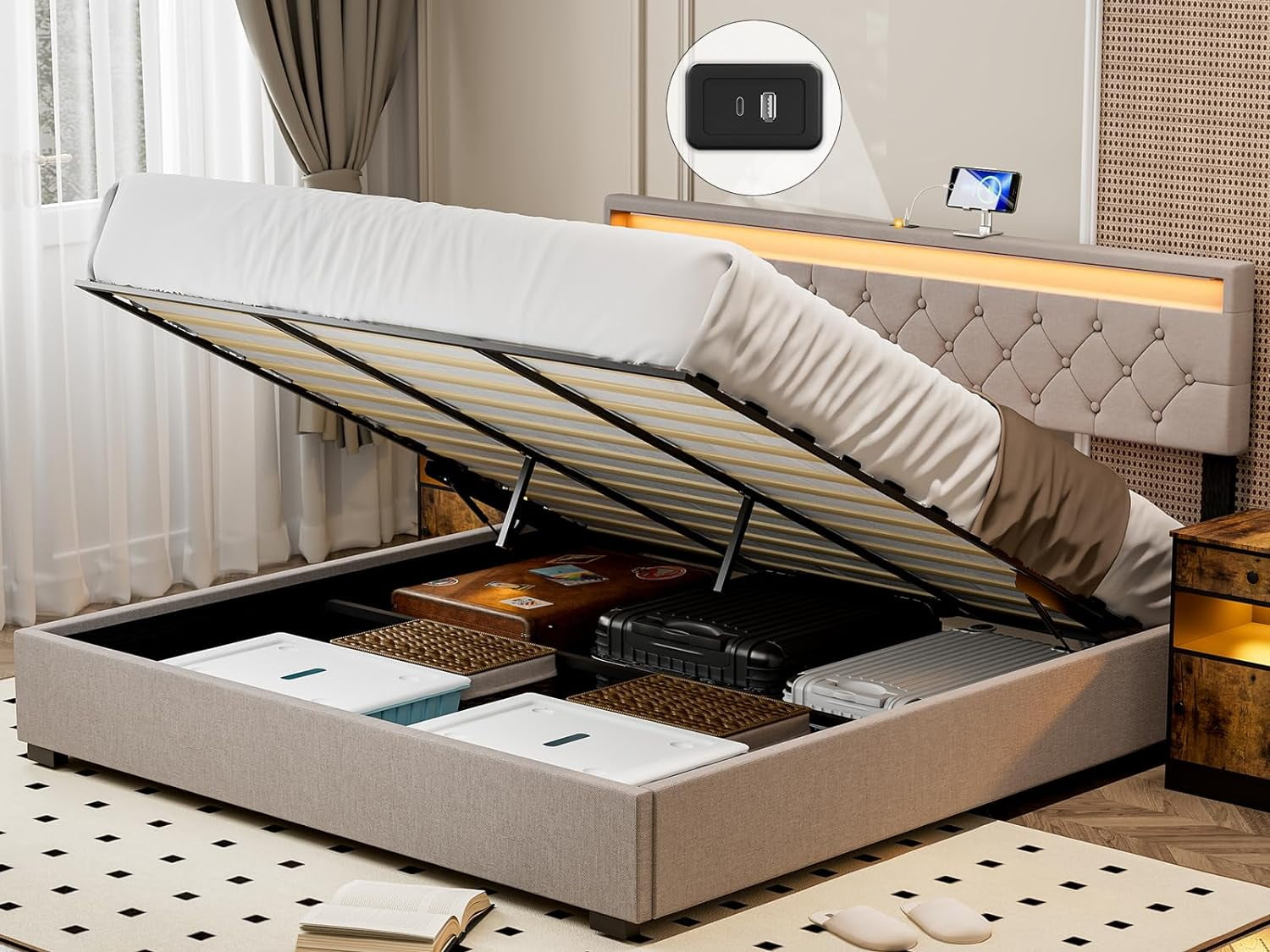 IKIFLY California King Size Lift Up Storage Bed, Upholstered Cal King