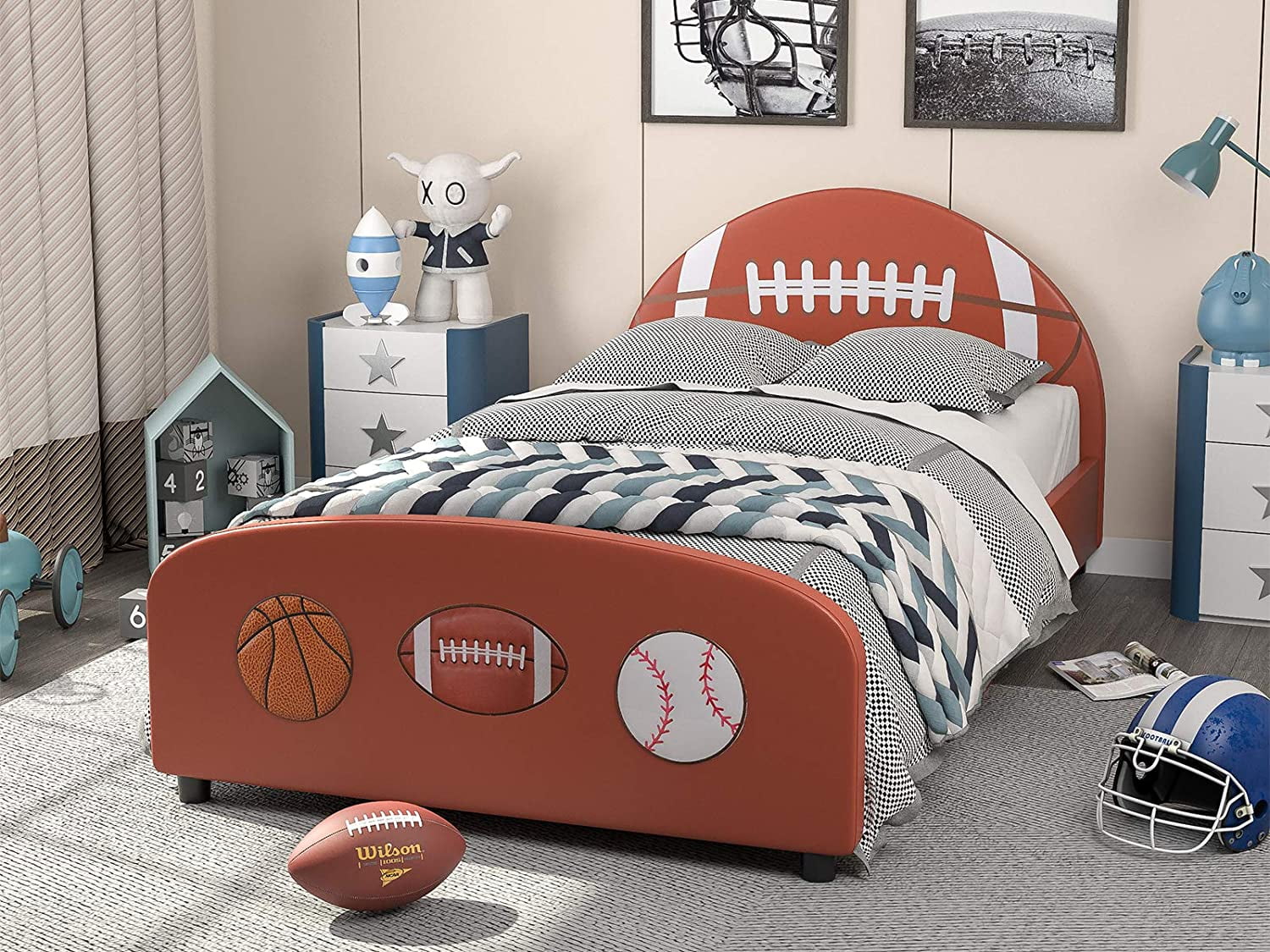 IKIFLY Children Upholstered Twin Bed, Kids Twin Platform Bed Frame with
