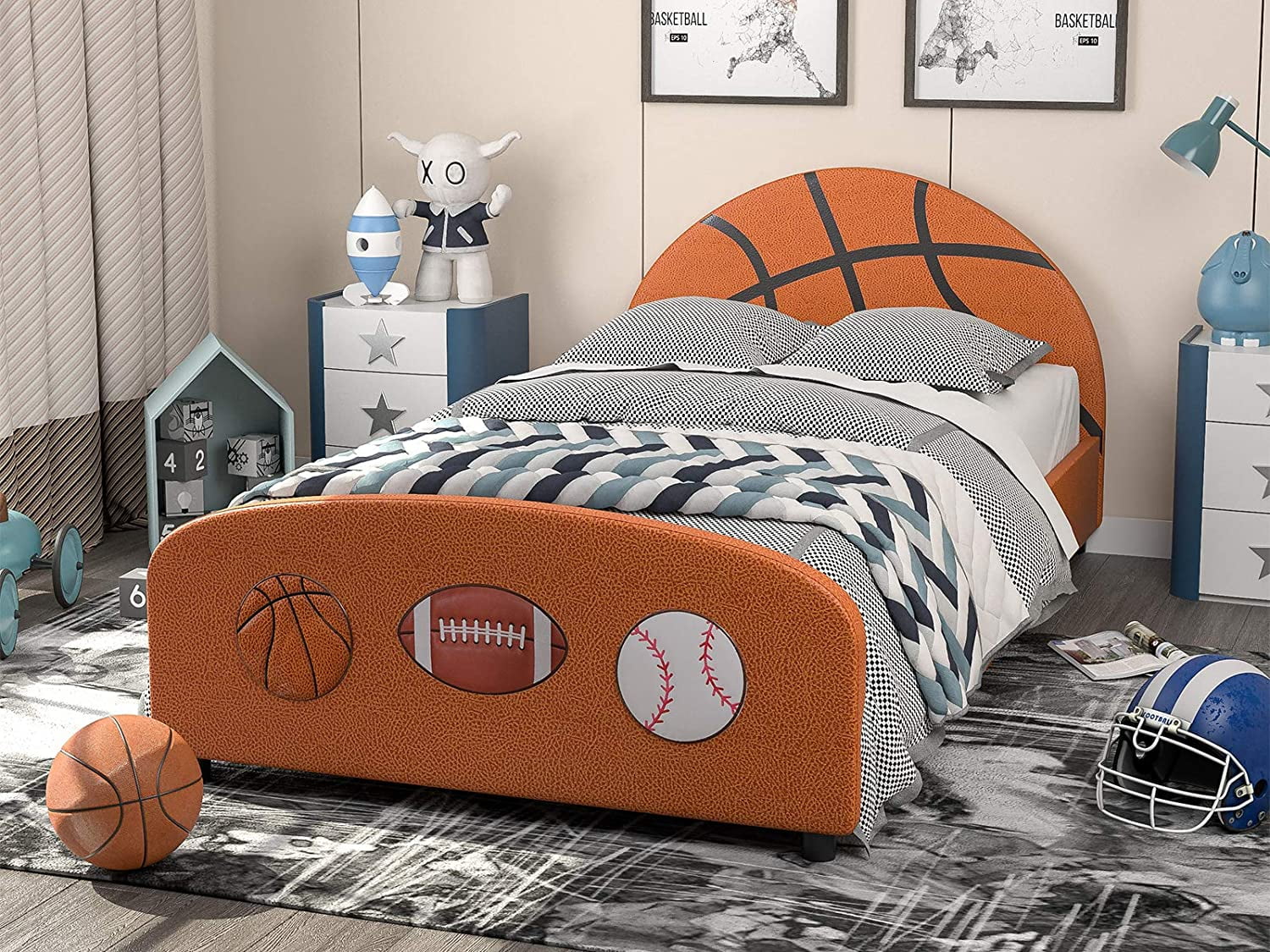 IKIFLY Children Upholstered Twin Bed Kids Twin Platform Bed Frame