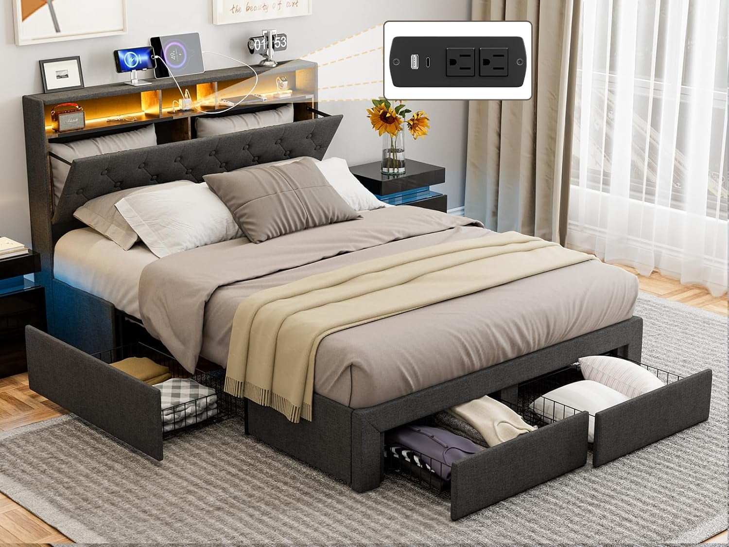 IKIFLY Full Size Bed Frame with Charging Station & Storage Headboard