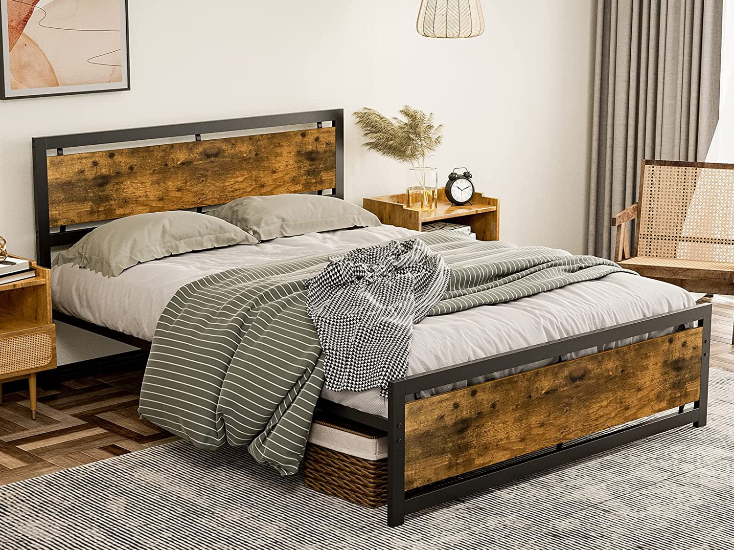 IKIFLY Full Size Metal Bed Frame with Wooden Headboard Footboard Industrial Metal and Wood Platform Bed No Box Spring Needed Strong Steel Slats Support Full Rustic Brown Walmart