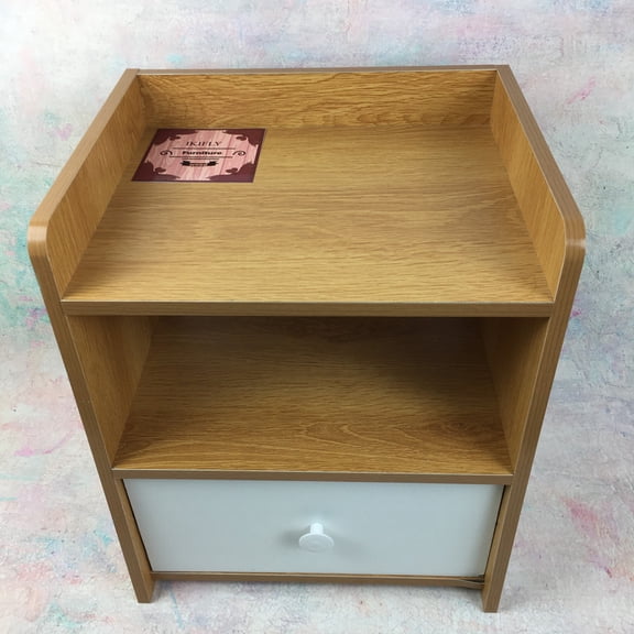 IKIFLY Furniture Wooden Bedside Table with Open Shelves and Single Drawer Storage