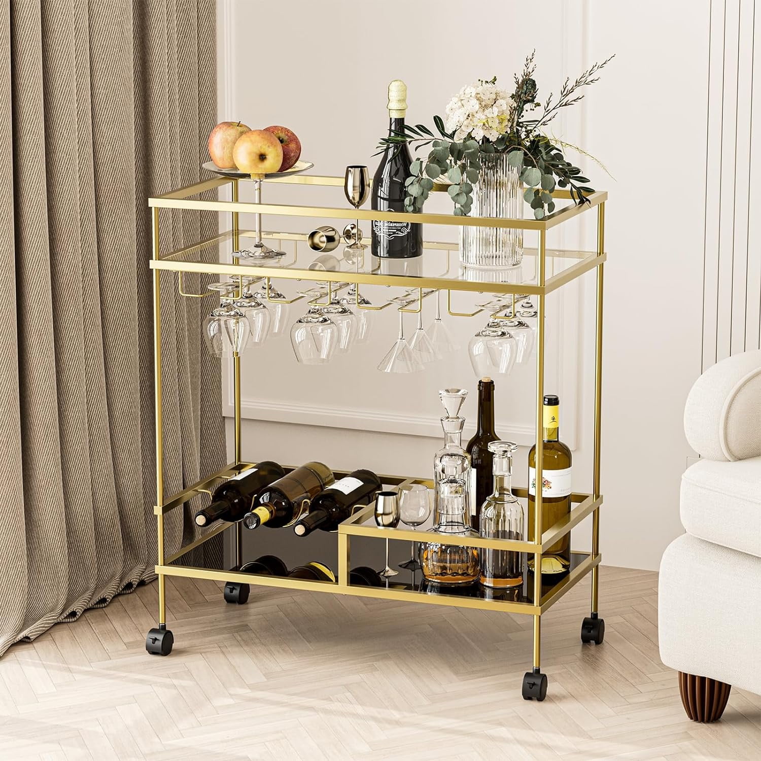 IKIFLY Gold Bar Cart for The Home, 2Tier Modern Glass Bar Cart with