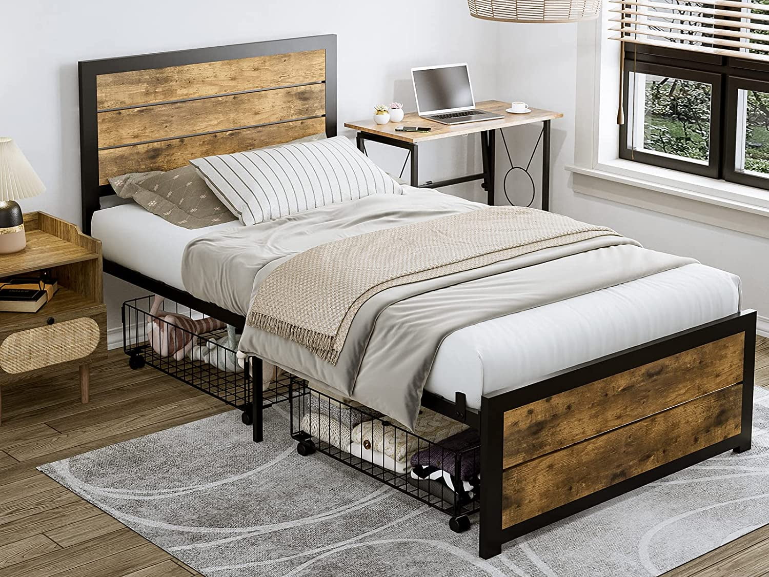 IKIFLY Industrial Twin Bed Frame with 2 Storage Drawers, Metal Twin