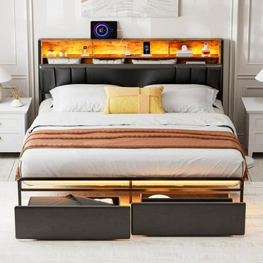 IKIFLY King Bed Frame with Dustproof Storage Drawers, Ergonomic Hidden Storage headboard with Charging Station, Upholstered LED King Platform Bed, No Box Spring Needed, Easy Assembly, Black