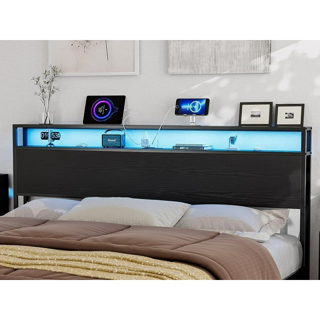 IKIFLY King Size Storage Headboard with LED Lights & Charging Station
