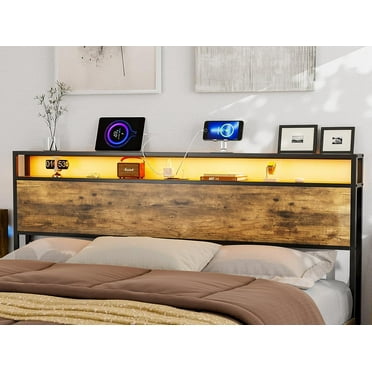 IKIFLY King Size Storage Headboard with LED Lights & Charging Station - Industrial Metal and Wood King Headboard Only for Bedroom, Attach Frame, Easy Assembly - Rustic Brown