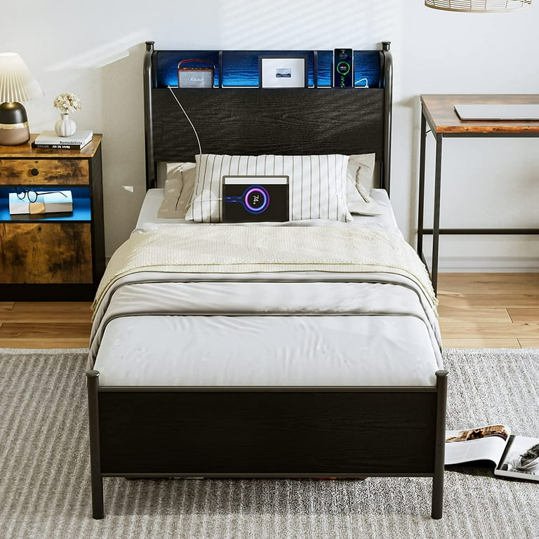 最終！！ポール付美品☆PeakEntry 2 Room Elfield IKIFLY Twin XL LED Bed Frame with Charging Station, Storage