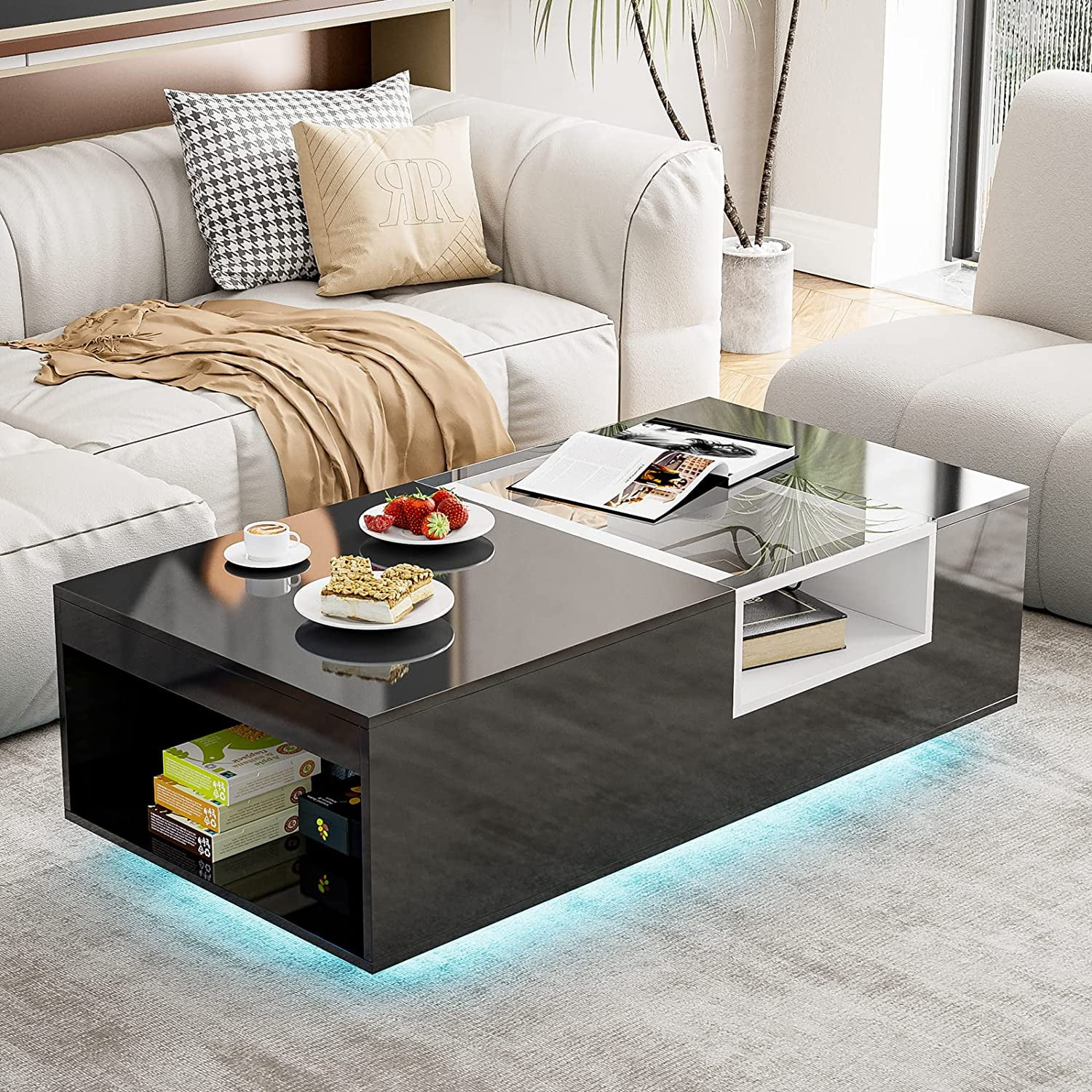 IKIFLY LED Coffee Table, Black Modern High Glossy Coffee Table with