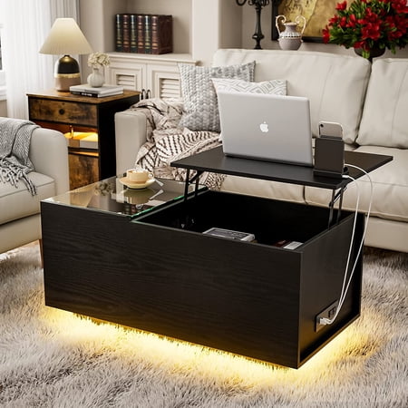 IKIFLY Lift Top Coffee Table with LED Lights & Charging Station, Black Lifting Top Central Table with Glass Top Storage and Hidden Compartment for Living Room