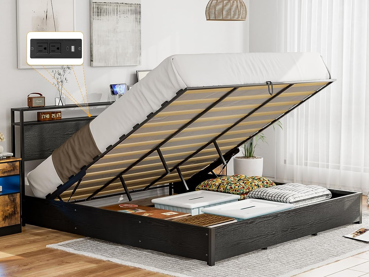 IKIFLY Lift Up Storage Bed with Storage Headboard California King Bed Frames with Charging Station Metal Platform Bed Frame with Storage Solid Wood Slats No Box Spring Needed Cal King