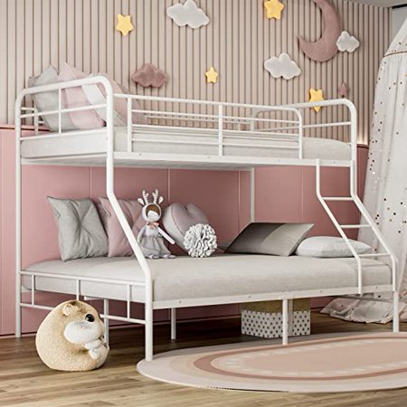 IKIFLY Metal Twin Over Full Bunk Bed, Heavy Duty Bunk Bed Frame with Safety Guard Rail & Ladder, Space-Saving Design/Noise Free/for Kids, Teens & Adults/No Box Spring Needed - White