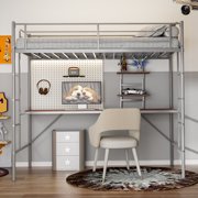 IKIFLY Metal Twin Size Loft Bed Frame with Desk & 2 Storage Shelves, Two Build-in Ladders, Safety Guard Rail, Space-Saving Design - for Kids/Adults/Teens - Silver Grey