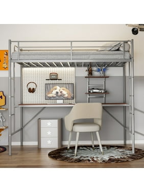 IKIFLY Metal Twin Size Loft Bed Frame with Desk & 2 Storage Shelves, Two Build-in Ladders, Safety Guard Rail, Space-Saving Design - for Kids/Adults/Teens - Silver Grey
