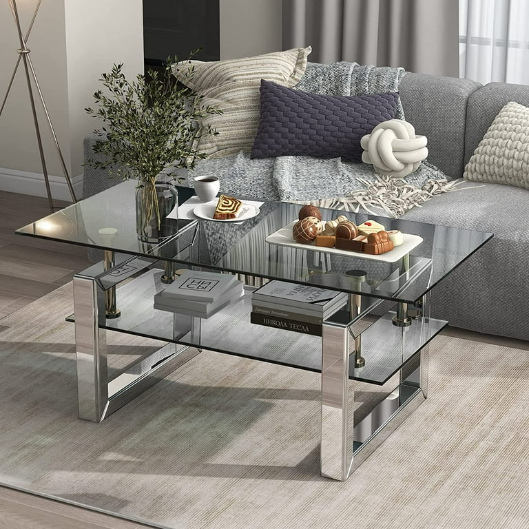 IKIFLY Mirrored Coffee Table with 2 Tier Glass Boards & Sturdy MDF Legs, Clear Rectangle Glass End Table Coffee Tea Table for Home Office IKIFLY Mirrored Coffee Table with 2 Tier Glass Boards & Sturdy MDF Legs, Clear Rectangle Glass End Table Coffee Tea Table for Home Office