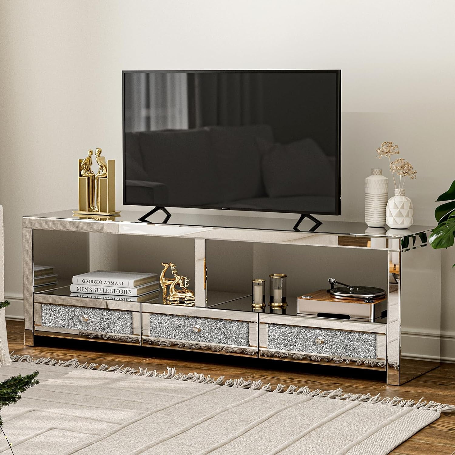 IKIFLY Mirrored TV Stand for 65 inch TV Silver Entertainment Center with 3 Drawers 2 Open Storage for Living Room TV Console Table with Crushed