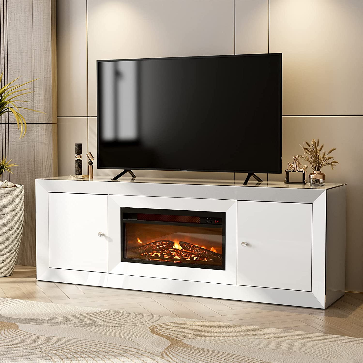 IKIFLY Mirrored TV Stand with Fireplace, TV Stand for 65+ inch TV
