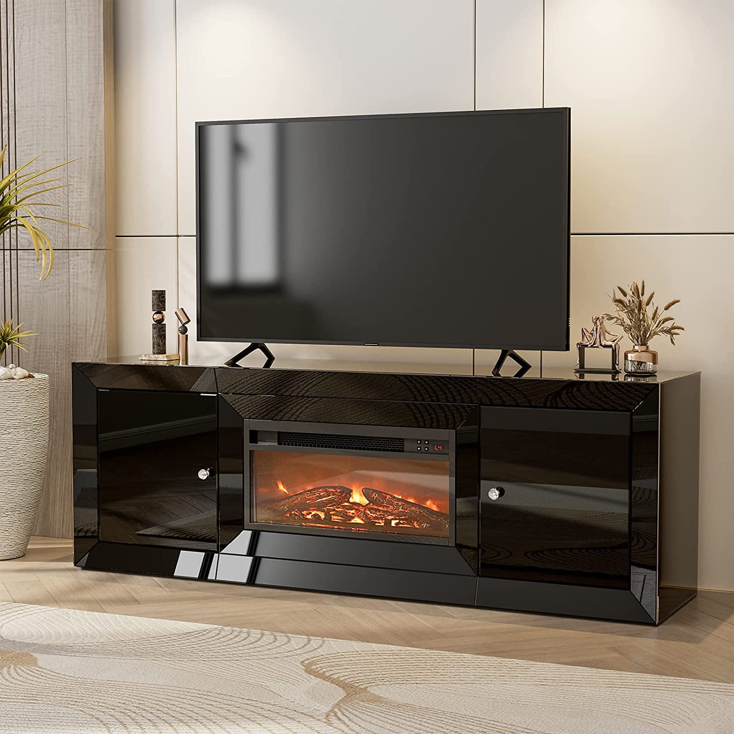 IKIFLY Mirrored TV Stand with Fireplace, TV Stand for 65+ inch TV