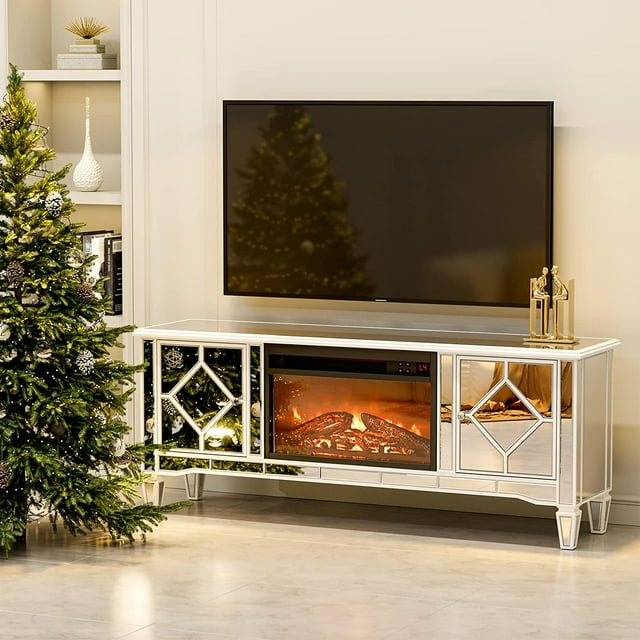 IKIFLY Mirrored TV Stand with Fireplace for 65+ inch TV, Mantel