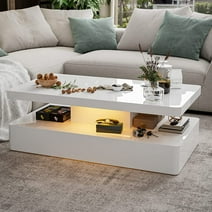IKIFLY Modern Glossy White Coffee Table W/LED Lighting, Contemporary Rectangle Design Living Room Furniture MDF, 2 Tiers