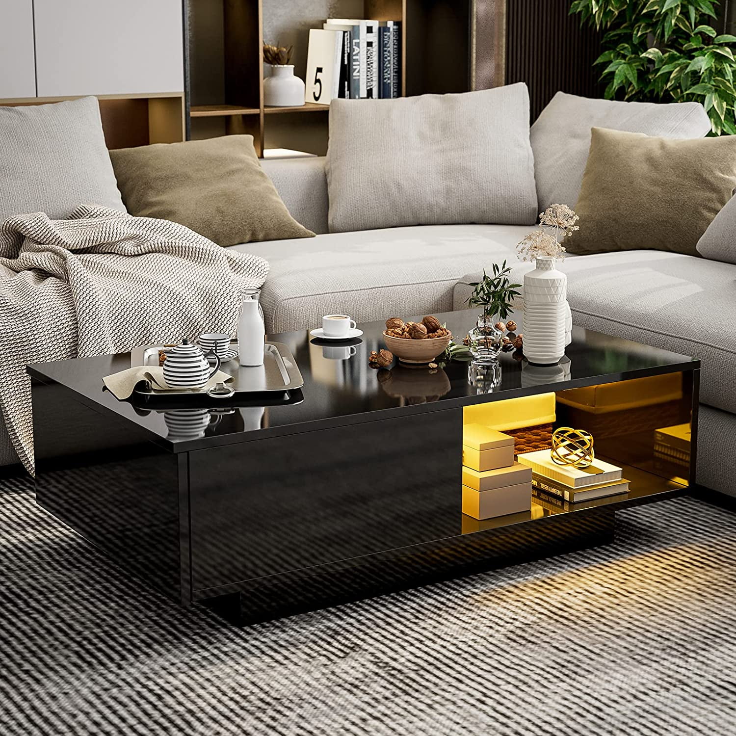 IKIFLY Modern High Gloss Coffee Table with 16 Colors LED Light, LED ...