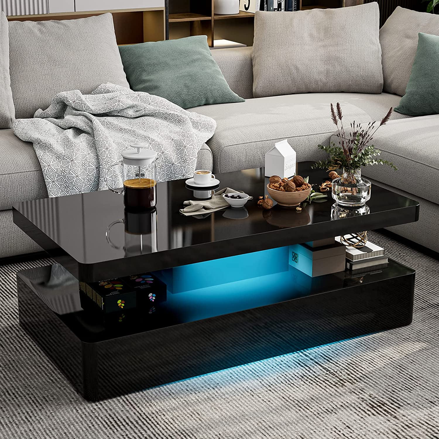IKIFLY Modern High Glossy White Coffee Table with 16 Colors LED Lights