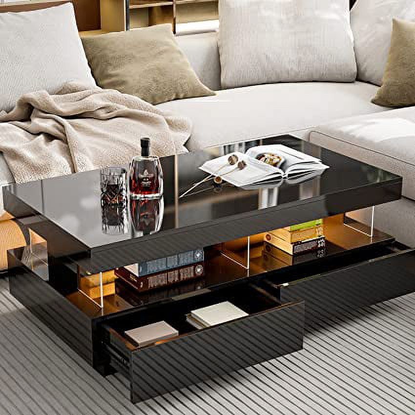 IKIFLY Modern LED Coffee Table, Black High Glossy Coffee Table with