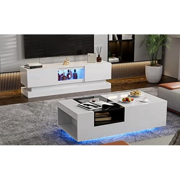 IKIFLY Modern LED TV Stand for 75+ inch TV, White Entertainment Center with LED Lights and Storage Cabinets, High Glossy Media Console for Living Room Bedroom