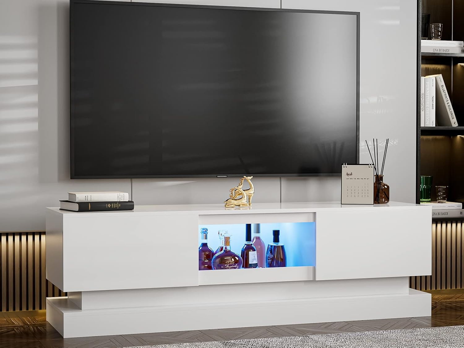 IKIFLY Modern LED TV Stand for 75+ inch TV, White Entertainment Center ...