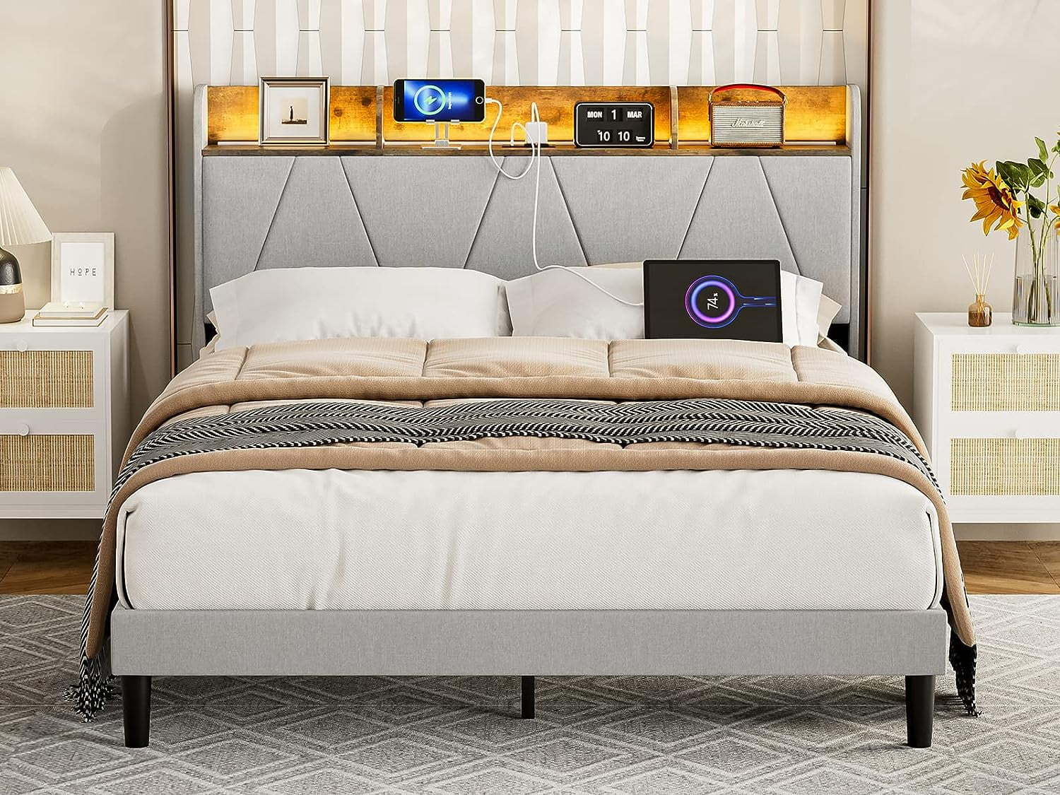 IKIFLY California King Bed Frames with Charging Station & Storage Shelf  Headboard - 2 Outlets and 2 USB Ports, Upholstered Cal King LED Bed Frame