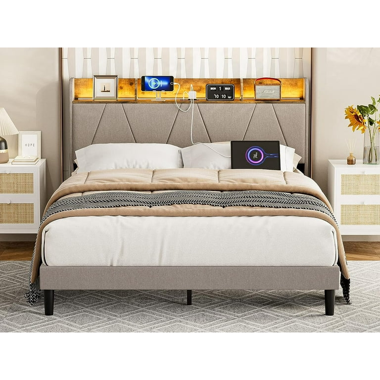 IKIFLY Queen Bed Frame with Charging Station Storage Shelf