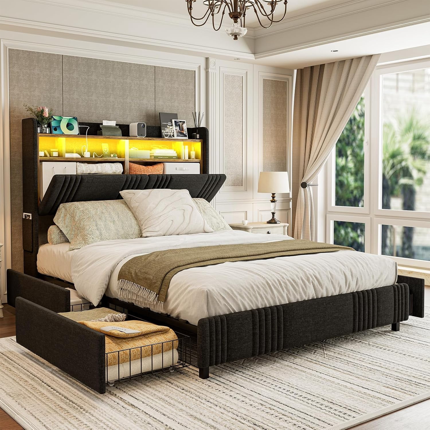 IKIFLY Queen Bed Frame with Hidden Storage Headboard & 4 Drawers, 49.2 ...