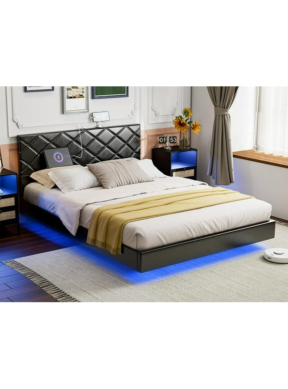 IKIFLY Queen Size Floating Bed Frame with 2 USB Ports, Modern Upholstered Faux Leather Queen Platform Bed with LED Lights, No Box Spring Needed, Solid Wood Slats, Easy Assembly - Black