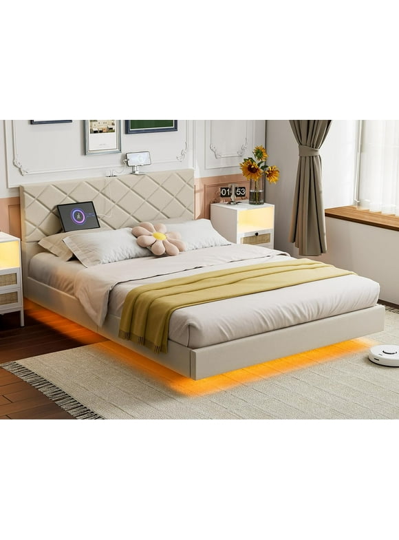 IKIFLY Queen Size Floating Bed Frame with 2 USB Ports, Modern Upholstered Linen Queen Platform Bed with LED Lights, No Box Spring Needed, Solid Wood Slats, Easy Assembly - Beige