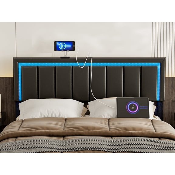 IKIFLY Queen Size Headboard with LED Lights & 2 USB Ports, Adjustable Height, Modern Faux Leather Headboard, Easy Assembly, Upholstered Queen Headboard Only for Bedroom, Black