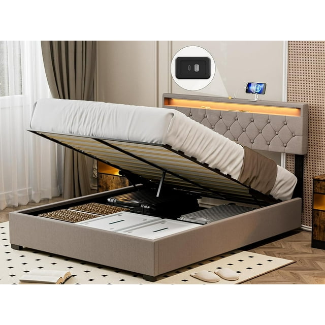 IKIFLY Queen Upholstered Bed Frame with Lift Storage, LED & USB Headboard, Adjustable Height