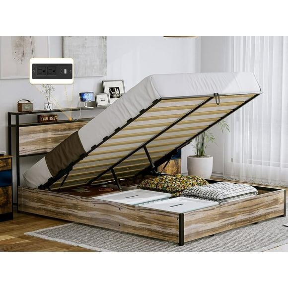 IKIFLY Queen Size Lift Up Storage Bed - Metal Queen Platform Bed Frame with 2-Tier Storage Shelf Headboard & Charging Station, Solid Wood Slats, No Box Spring Needed, Easy Assembly - Wood Brown
