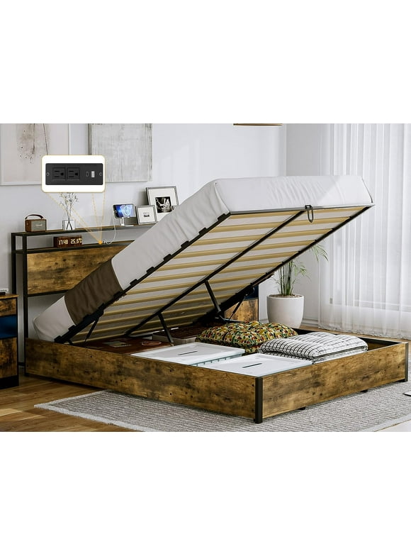 IKIFLY Queen Size Lift Up Storage Bed - Metal Queen Platform Bed Frame with 2-Tier Storage Shelf Headboard & Charging Station, Solid Wood Slats, No Box Spring Needed/Easy Assembly - Rustic Brown
