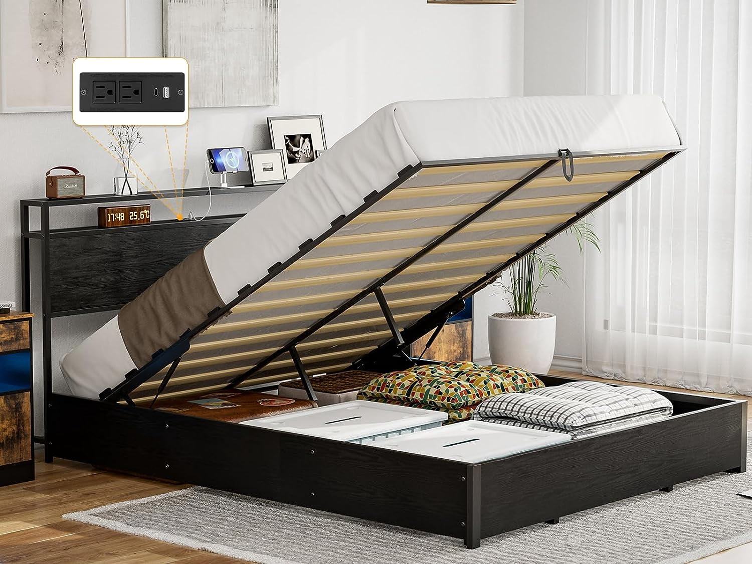 HISOFT Queen Bed Frame With Storage Headboard - Bookcase, 4 Lockable Drawers, LED Lights, Charging Station - Rustic Grey, No Box Spring Needed