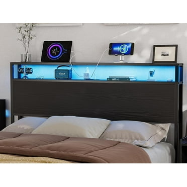 IKIFLY Queen Size Storage Headboard with LED Lights & Charging Station - Industrial Metal and Wood Queen Headboard Only for Bedroom, Attach Frame, Easy Assembly - Black