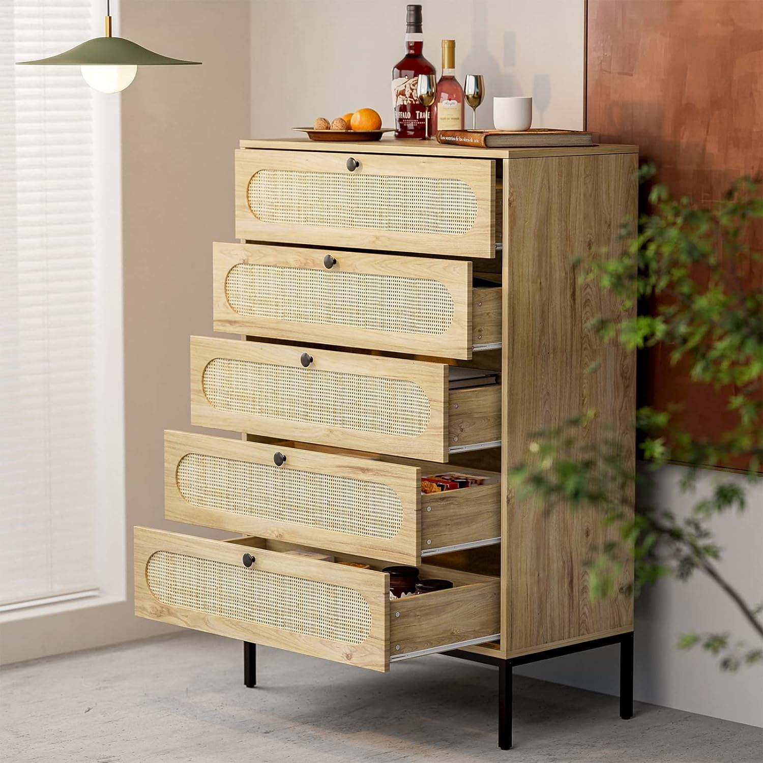 IKIFLY Rattan 5 Drawer Dresser for Bedroom, Natural Rattan Wood Closet