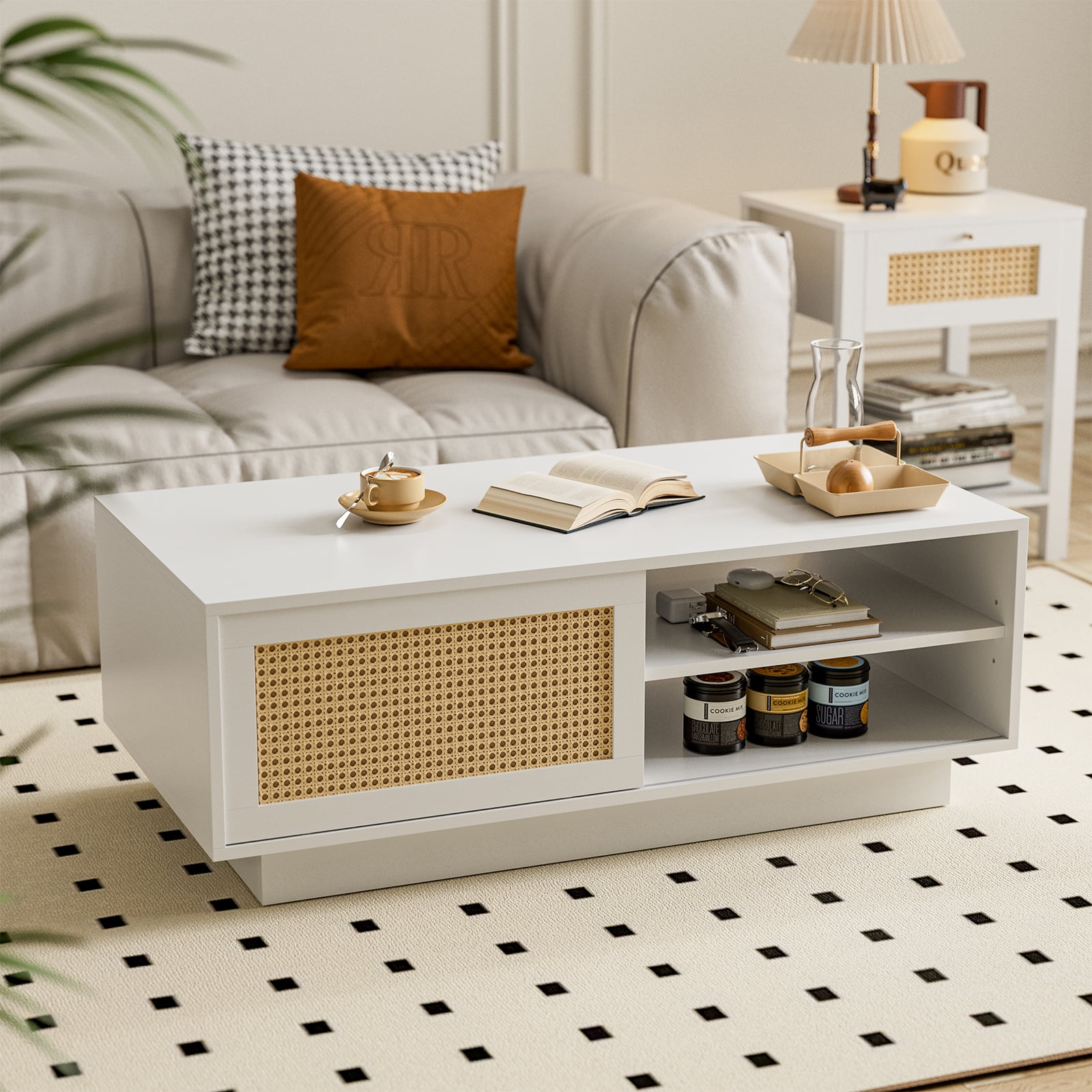 IKIFLY Mid Century Modern Wooden Rattan Coffee Table with Sliding