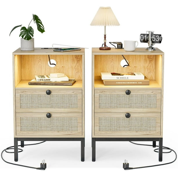 IKIFLY Rattan Nightstands Set of 2 with Charging Station & LED Lights