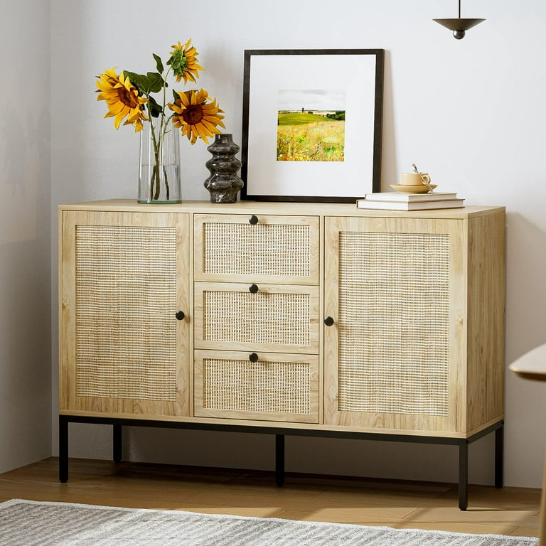 IKIFLY Rattan Sideboard Buffet Cabinet Boho Rattan Storage Cabinet with 3 Drawers and 2 Doors Accent Console Table Cabinet for Living Room Kitchen