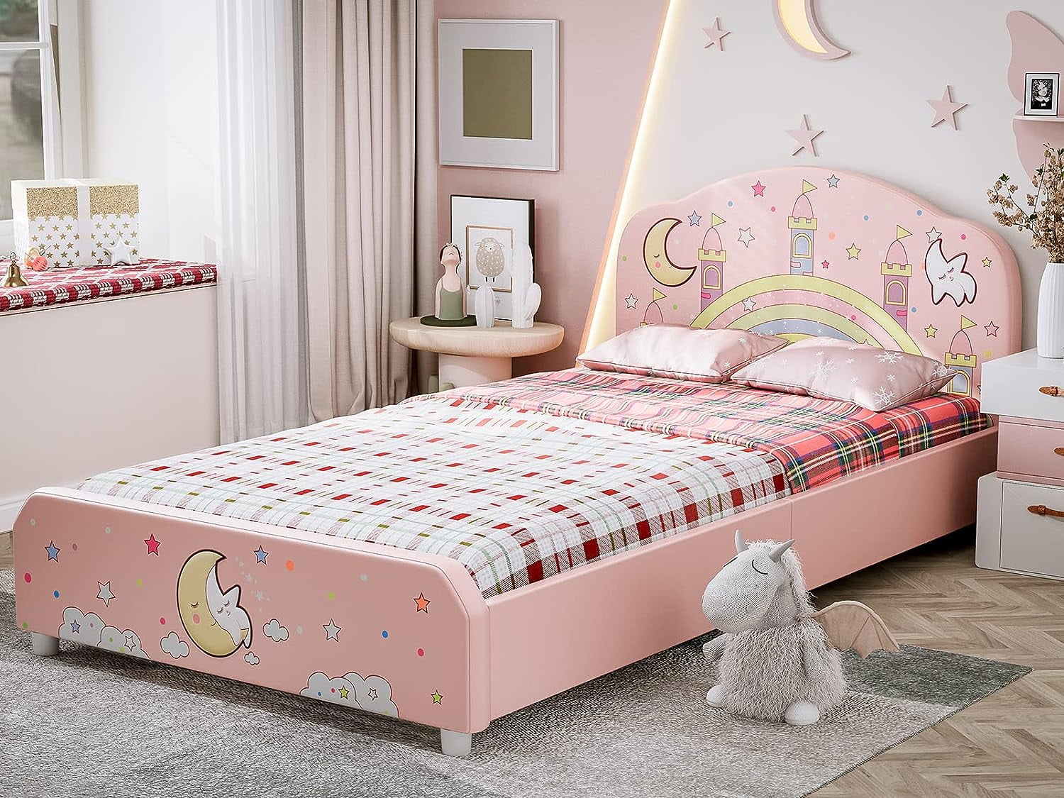 IKIFLY Twin Size Kids Bed, Children Upholstered Twin Platform Bed Frame ...