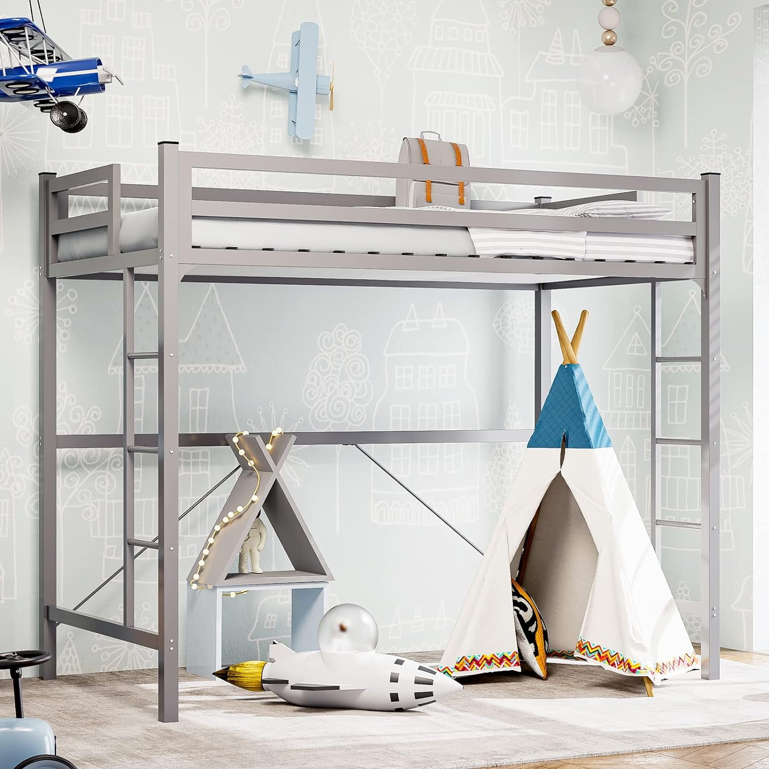 IKIFLY Twin Size Loft Bed Frame with 2 Ladders, Heavy Duty Junior Metal ...