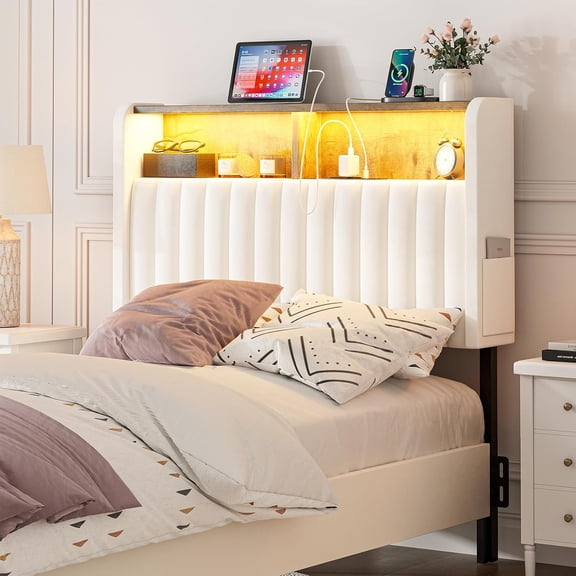 IKIFLY Twin/Twin XL Size Headboard Only with Storage, Adjustable Height, Velvet Upholstered Head Board with LED Lights & Charging Station, Modern Freestanding Headboard, Easy Assembly, White