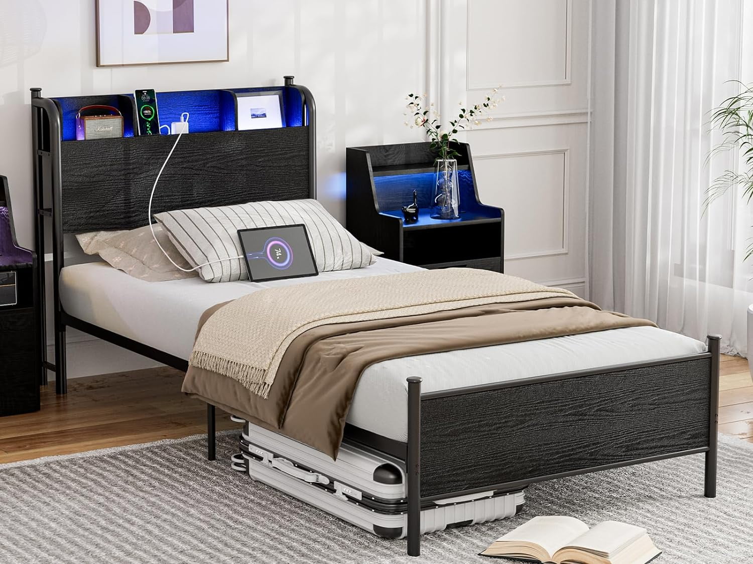 IKIFLY Twin XL Bed Frames with LED Lights and Charging Station, Twin XL