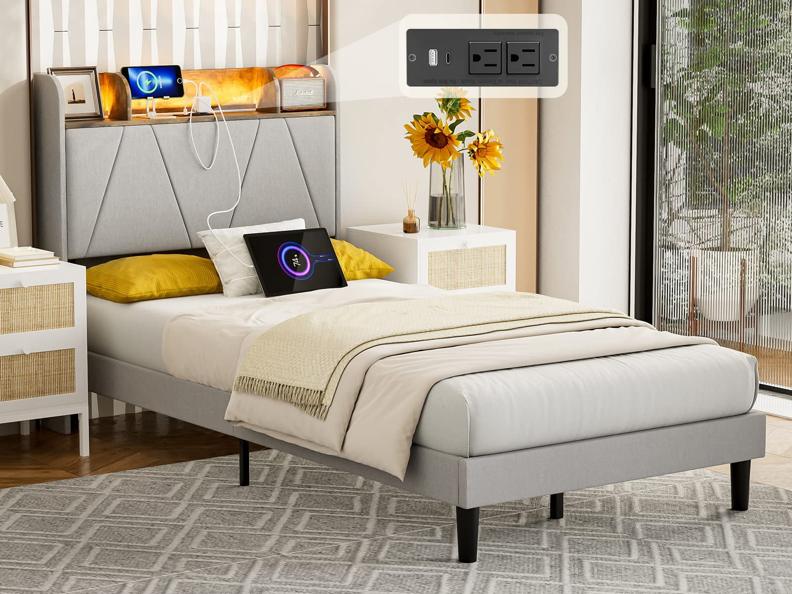 IKIFLY Twin XL Bed Frames with Storage Shelf Headboard & Charging