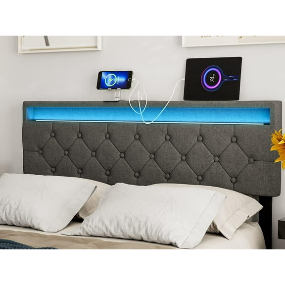 IKIFLY Upholstered Full Size Headboard with LED Lights & 2 USB Ports - Adjustable Height - Button Tufted Linen Fabric Padded Headboard, Easy Assembly - Dark Grey